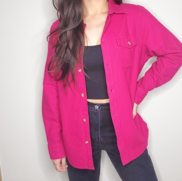 L.L. Bean Fuschia Pink Fleece Flannel Button Down Long Sleeve Shirt - Picture 1 of 10